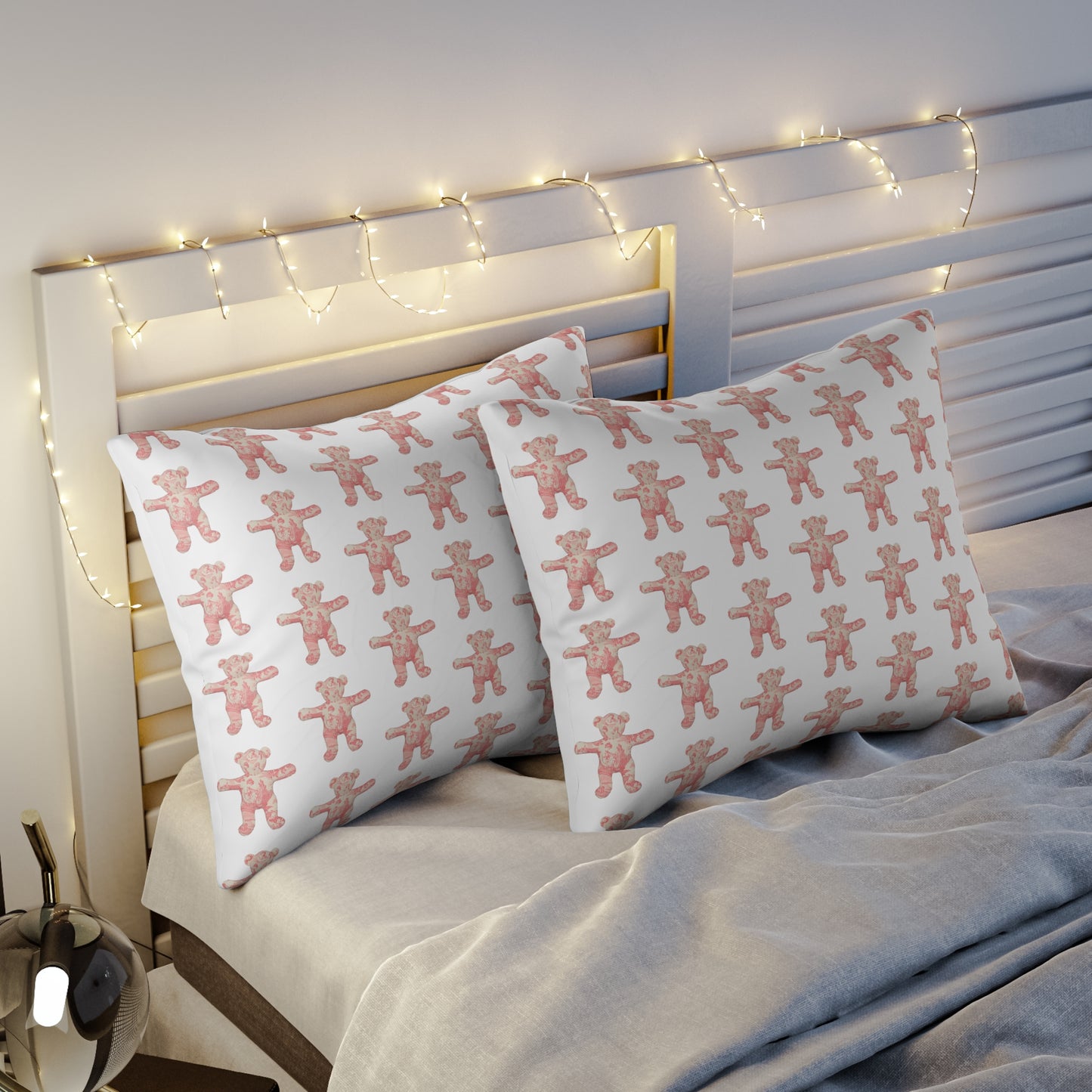 White Pillow Sham - Pale Pink and Coral Toile Teddy Bears