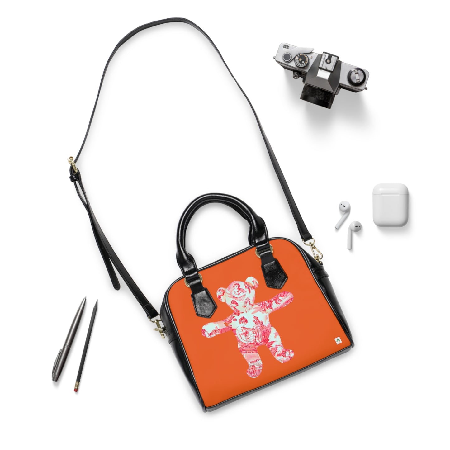Orange Shoulder Handbag - Coral Toile Teddy Bear