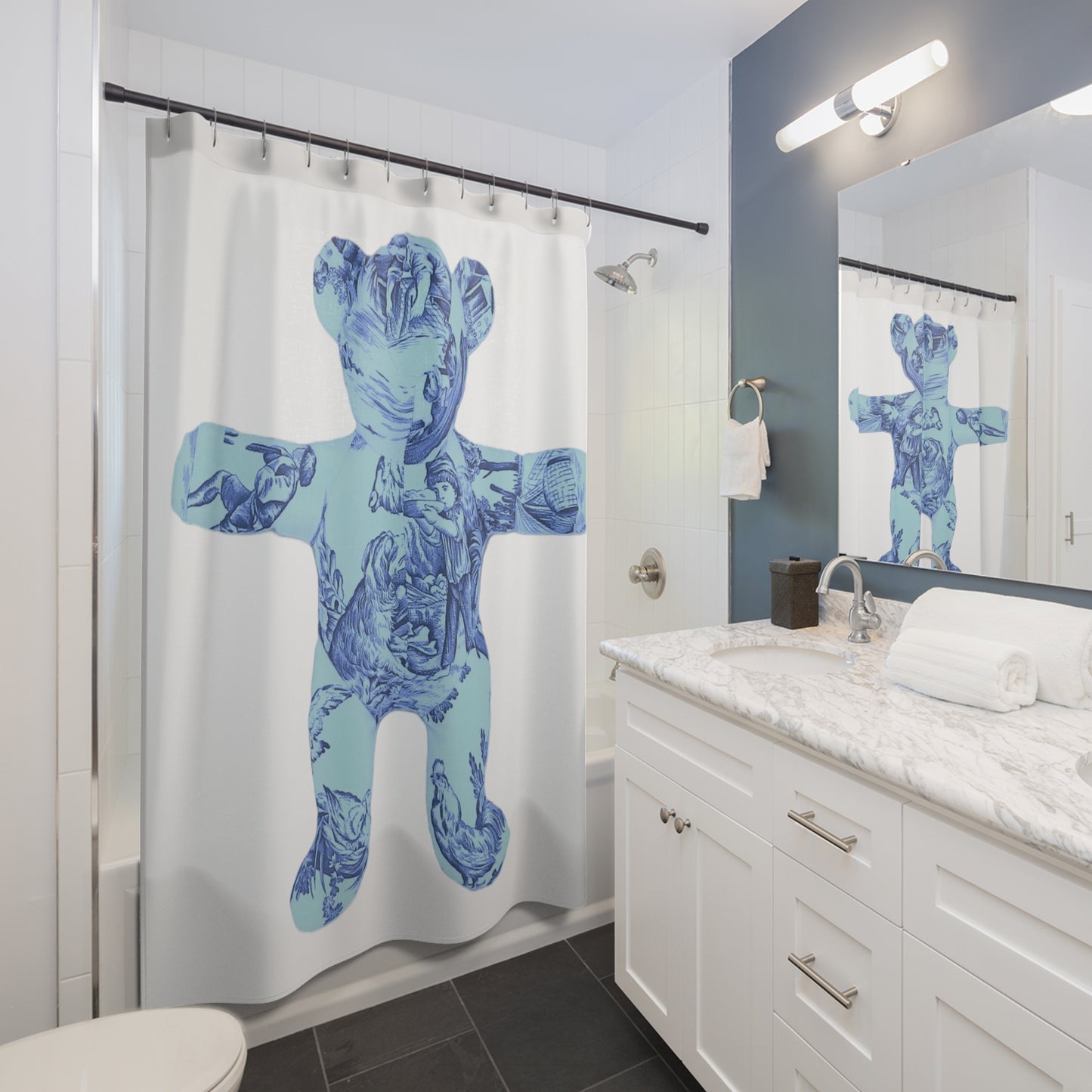 Shower Curtain - Double Blue Toile Teddy Bear