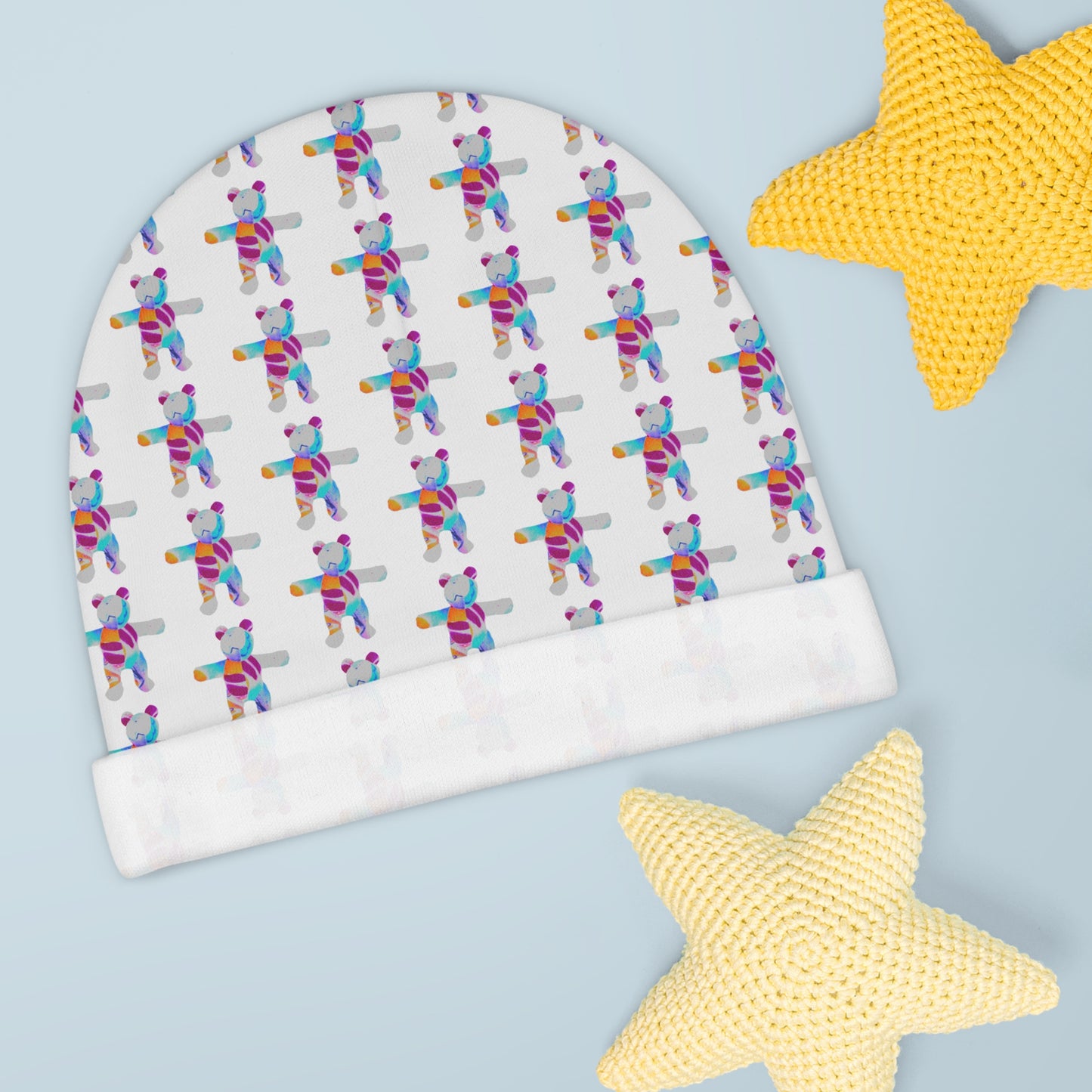 White Baby Beanie - Graffiti Teddy Bear