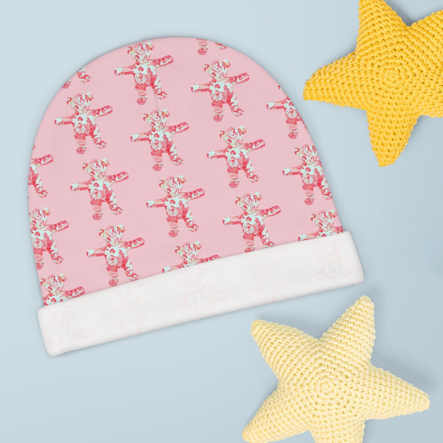 Pink Baby Beanie - Red Toile Teddy Bear