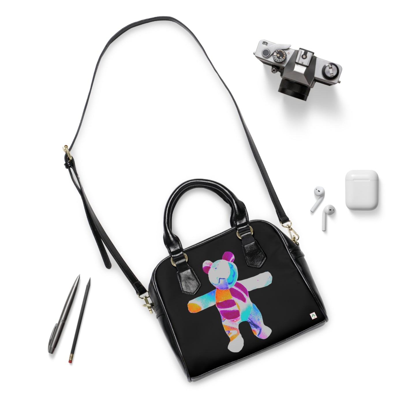 Black Shoulder Handbag - Bold Graffiti Teddy Bear