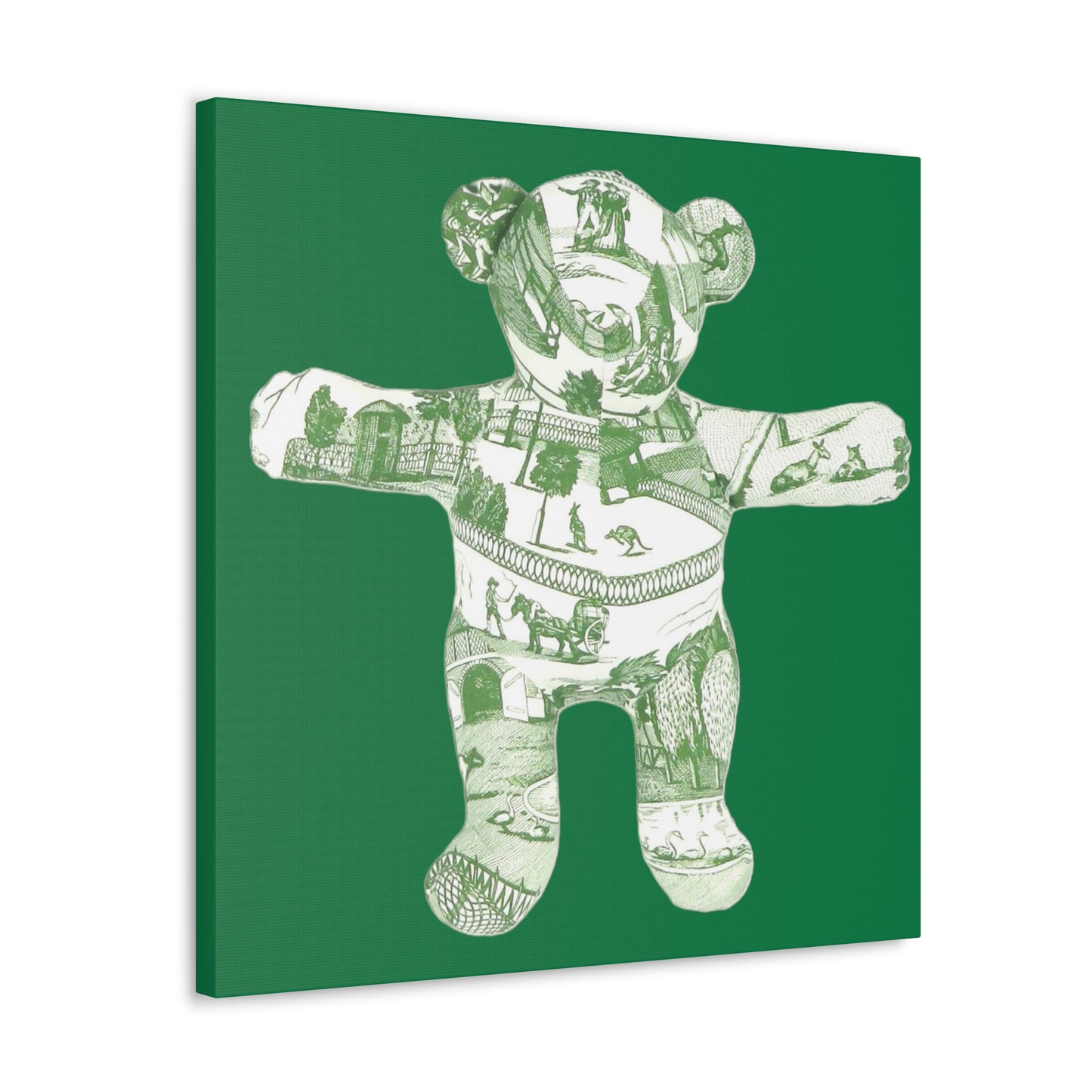 green vintage zoo toile teddy bear on dark green backgroung, Canvas Gallery Wraps