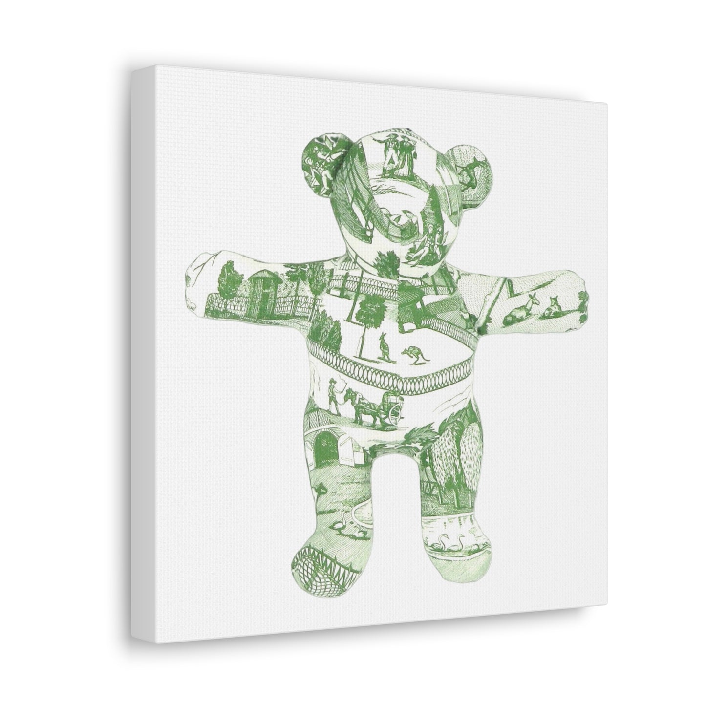 green vintage zoo toile teddy bear on white, Canvas Gallery Wraps