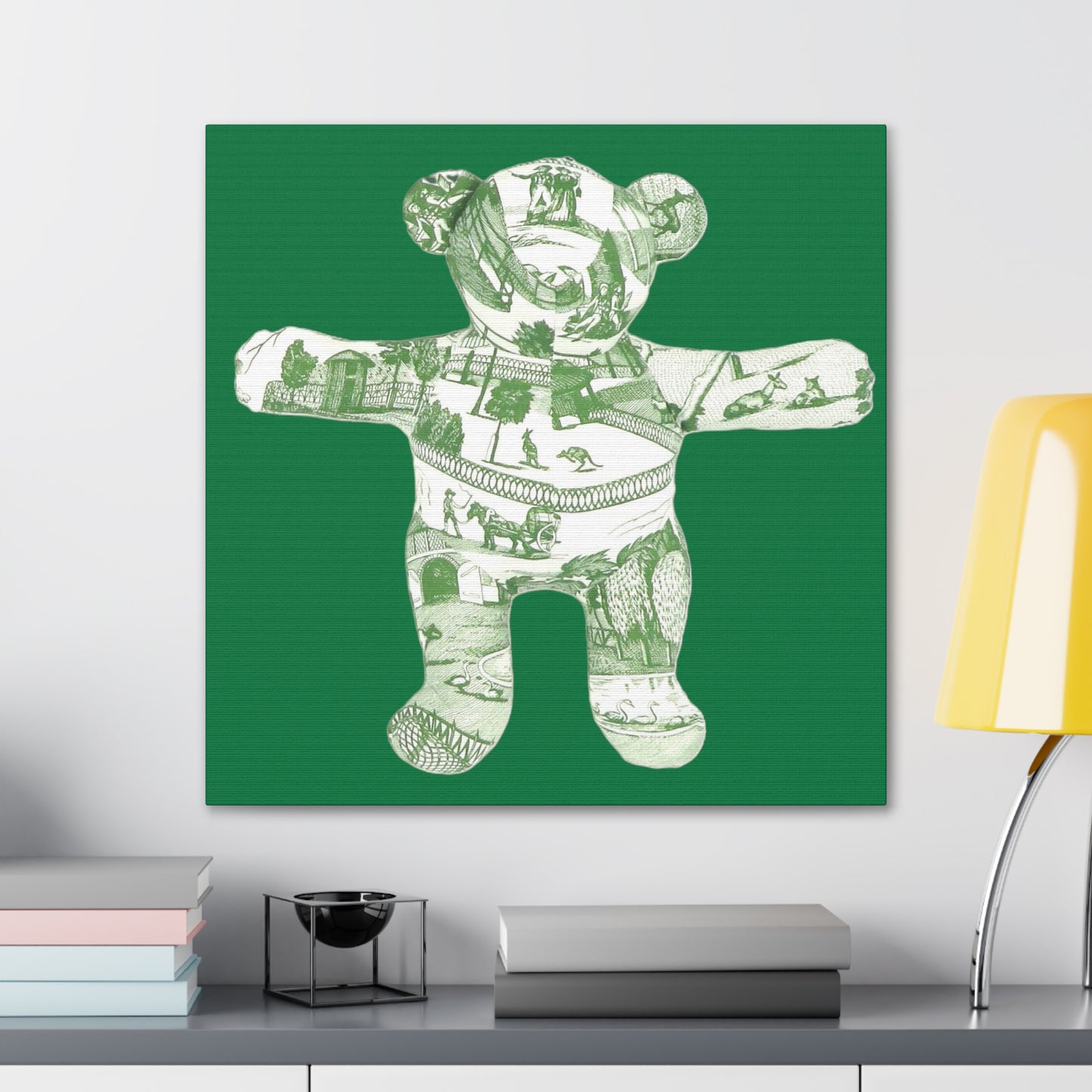 green vintage zoo toile teddy bear on dark green backgroung, Canvas Gallery Wraps