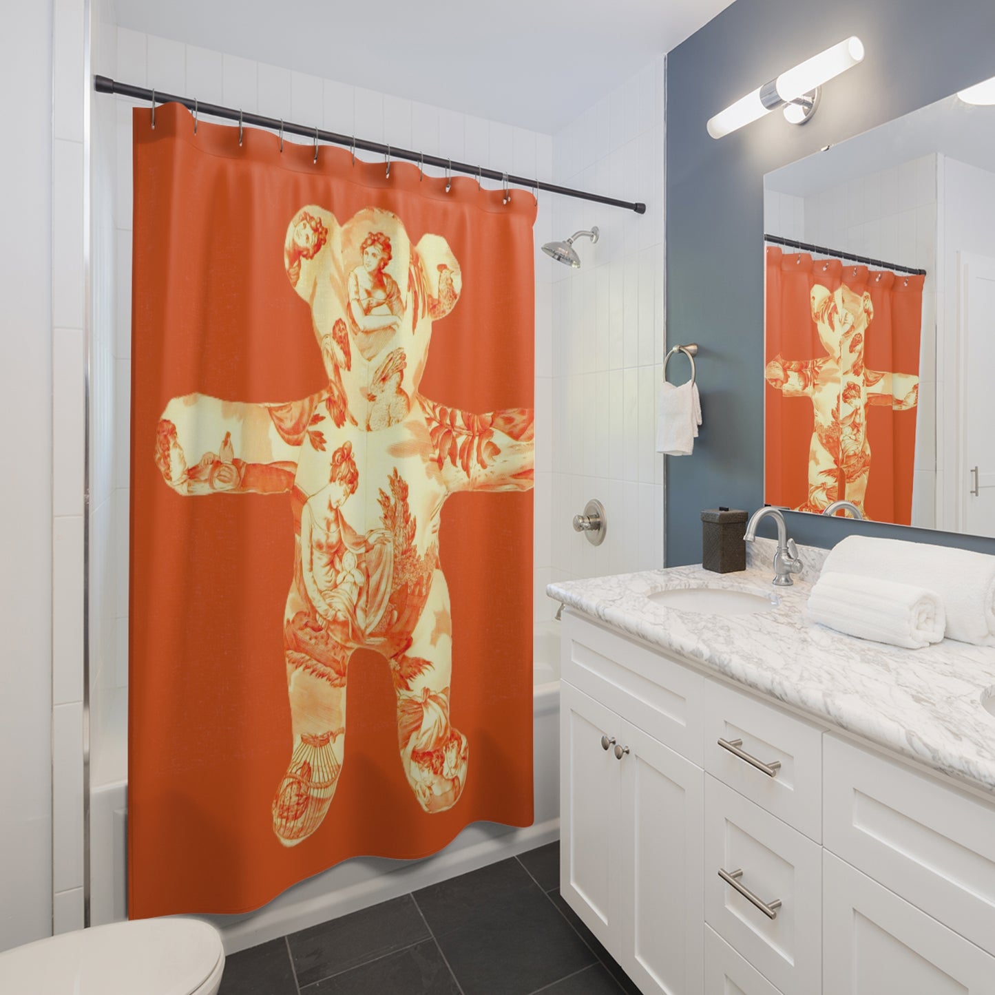 Shower Curtain - Orange Toile Teddy Bear