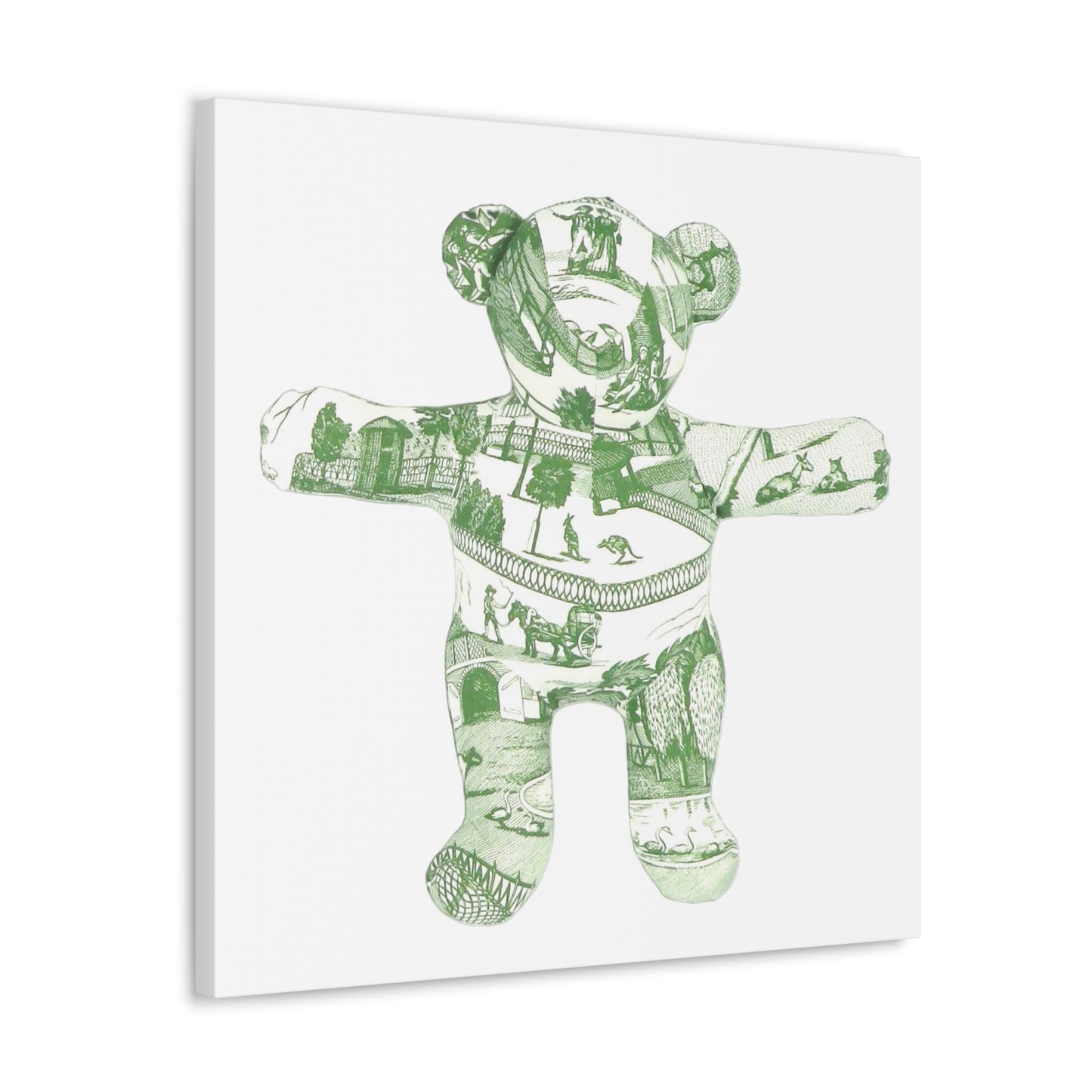 green vintage zoo toile teddy bear on white, Canvas Gallery Wraps