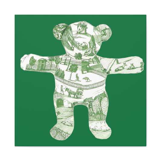 green vintage zoo toile teddy bear on dark green backgroung, Canvas Gallery Wraps