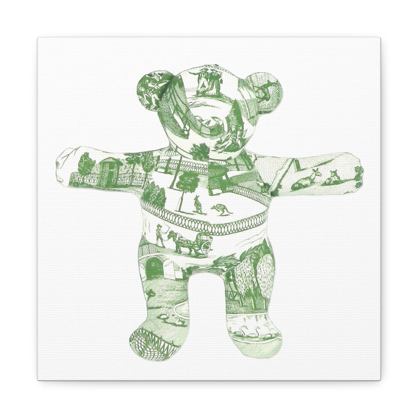 green vintage zoo toile teddy bear on white, Canvas Gallery Wraps