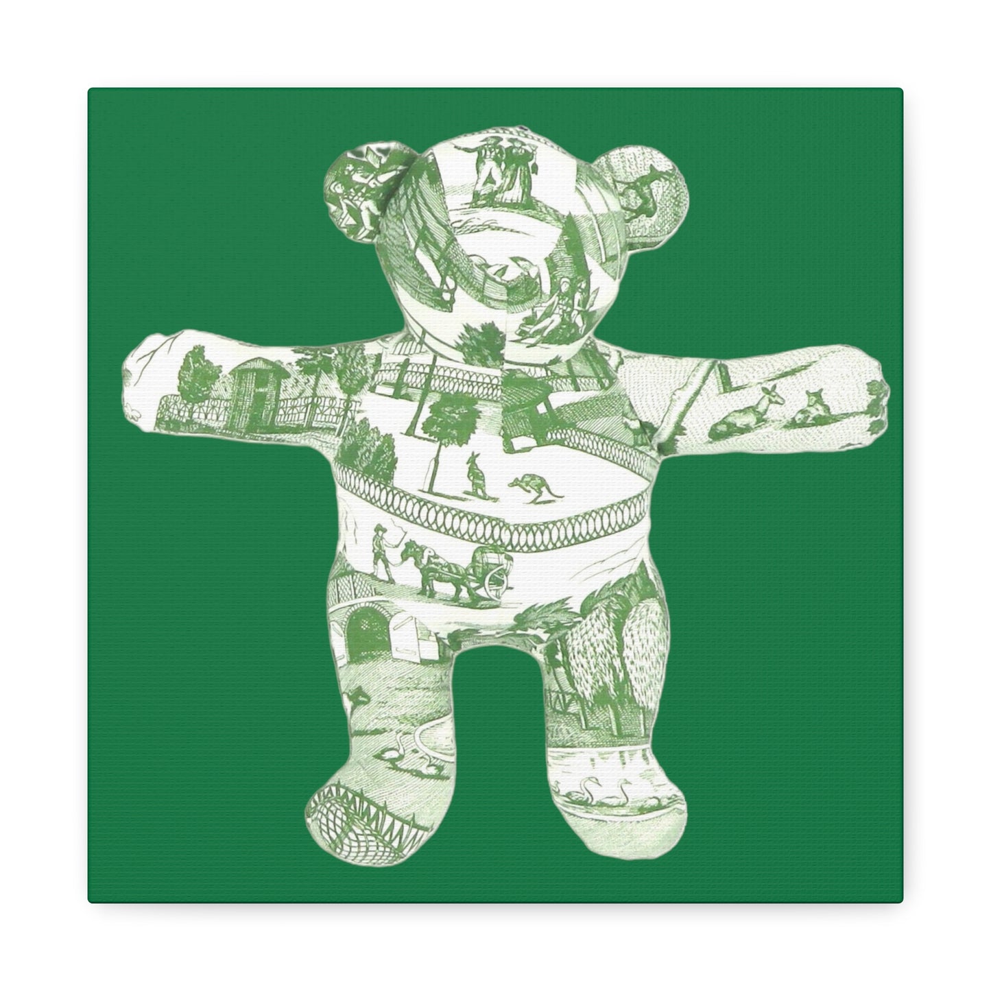 green vintage zoo toile teddy bear on dark green backgroung, Canvas Gallery Wraps