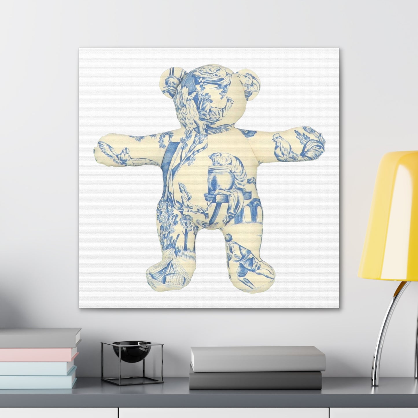 Canvas Print - Blue and Cream Toile Teddy Bear