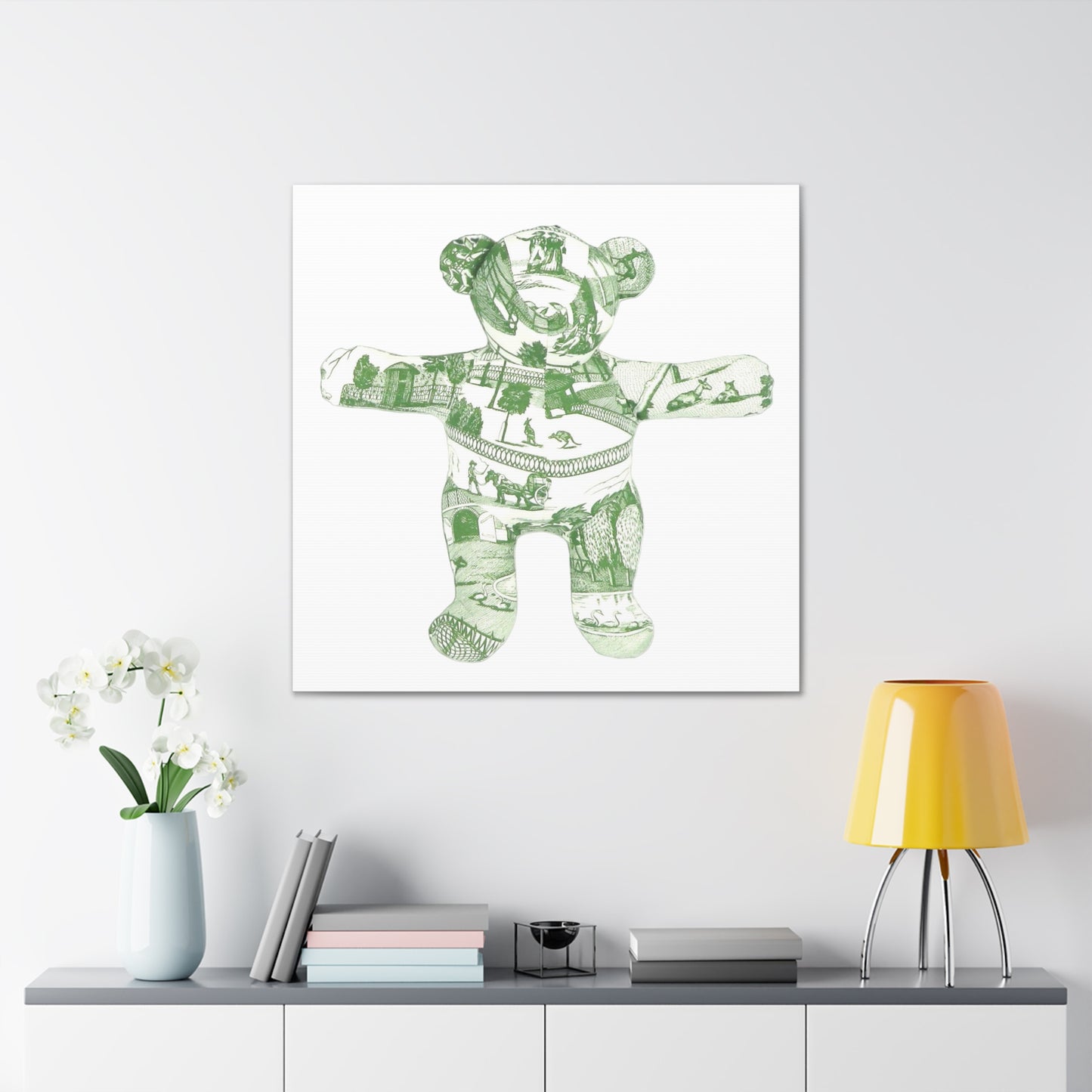 green vintage zoo toile teddy bear on white, Canvas Gallery Wraps