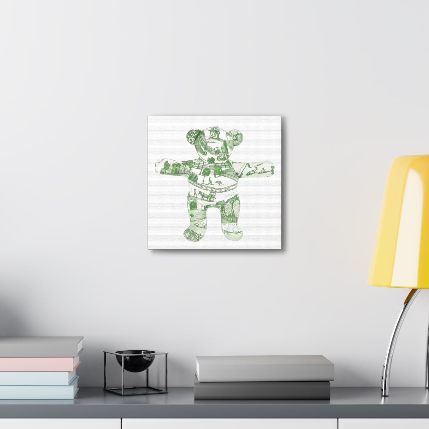 green vintage zoo toile teddy bear on white, Canvas Gallery Wraps