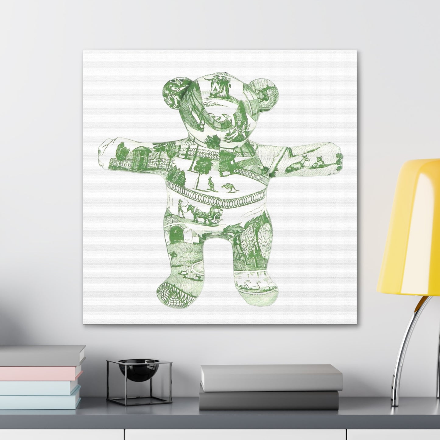 green vintage zoo toile teddy bear on white, Canvas Gallery Wraps