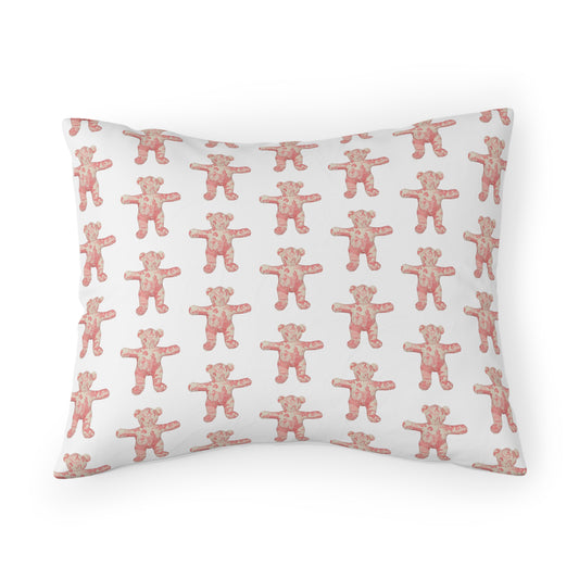 White Pillow Sham - Pale Pink and Coral Toile Teddy Bears